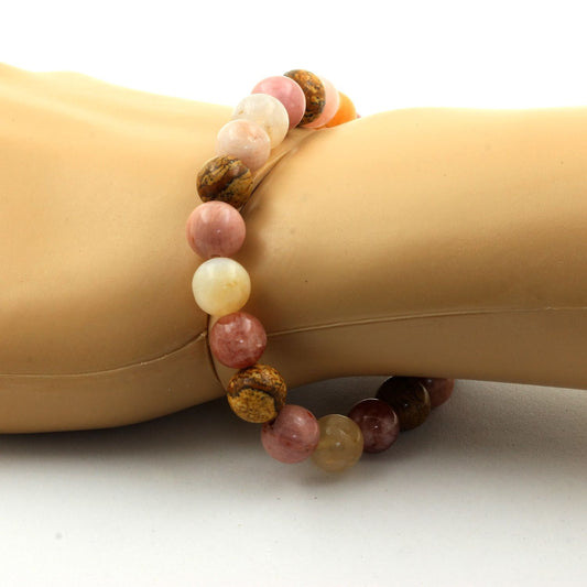 Pierre de Soleil + Rhodonite + Jaspe Paysage + Agate Feuille de Bambou. Bracelet en Perles naturelles
