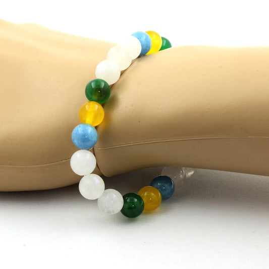 Pierre de lune + Agate jaune + Agate verte + Calcédoine bleu. Bracelet en Perles naturelles
