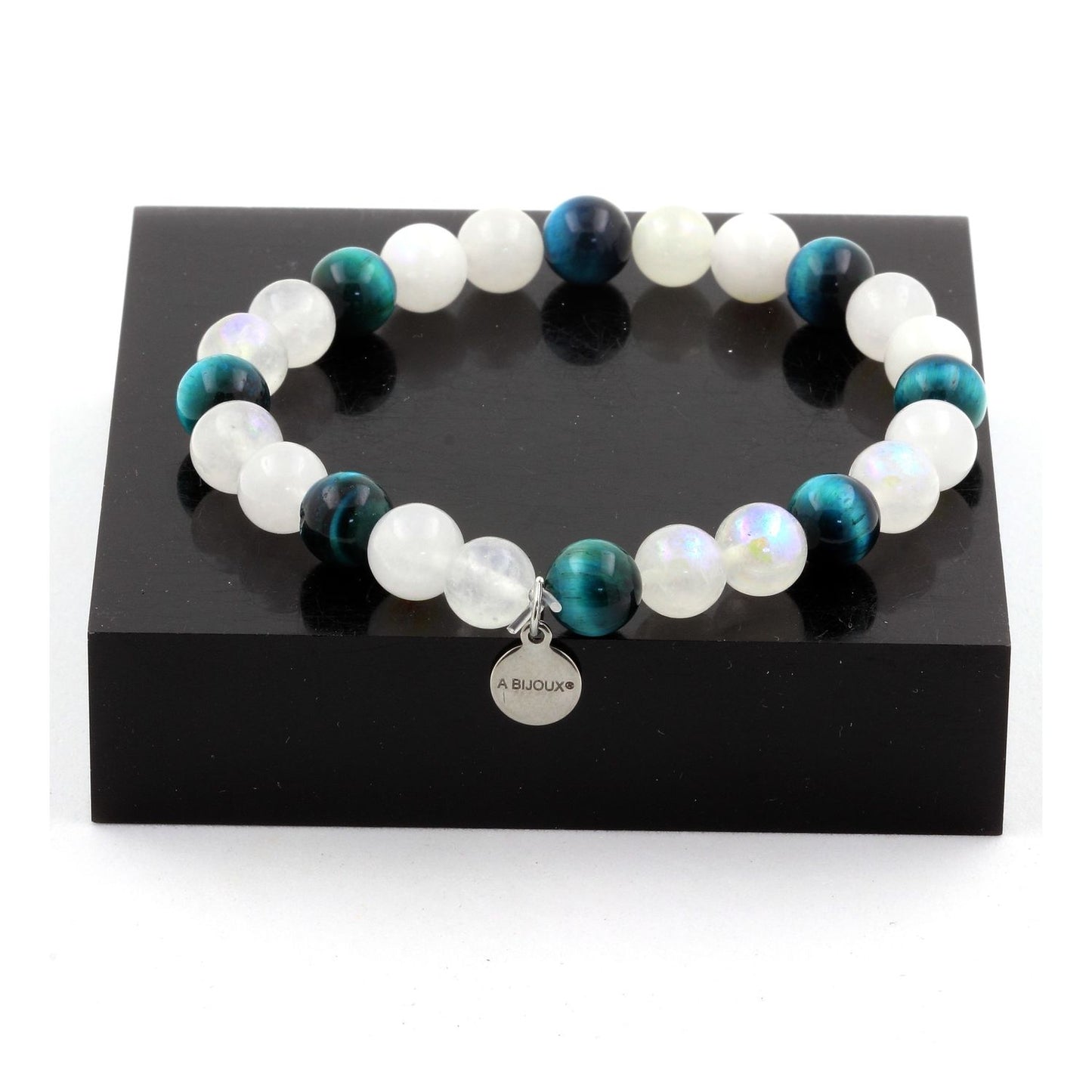Pierre de lune + Oeil de Tigre bleu clair. Bracelet en Perles naturelles