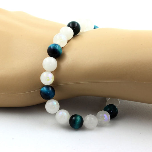 Pierre de lune + Oeil de Tigre bleu clair. Bracelet en Perles naturelles