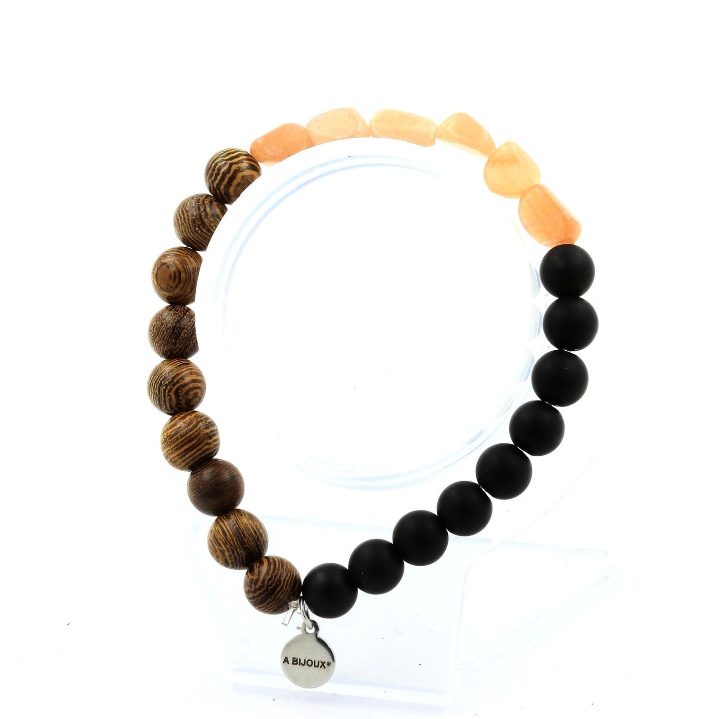 Pierre de soleil de Tanzanie + Perles Onyx noir mat + bois. Bracelet en Perles naturelles