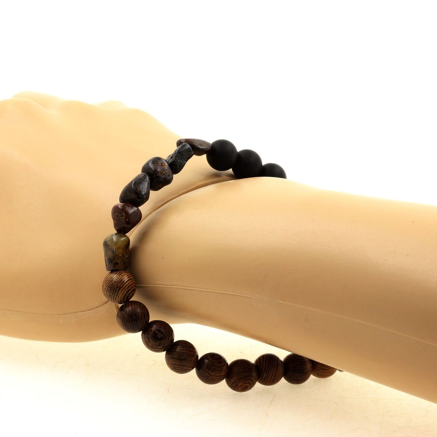 Pietersite des USA + Perles Onyx noir mat + bois. Bracelet en Perles naturelles