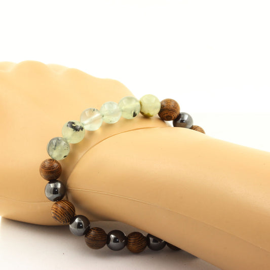 Prehnite d'Afrique + Hématite + bois. Bracelet en Perles naturelles