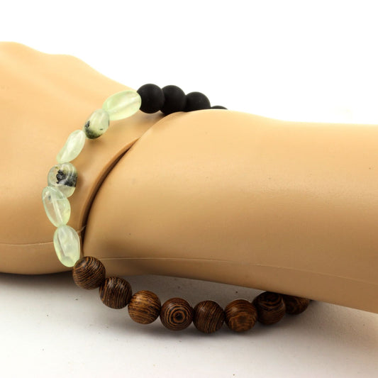 Prehnite du Canada + Perles Onyx noir mat + bois. Bracelet Perles