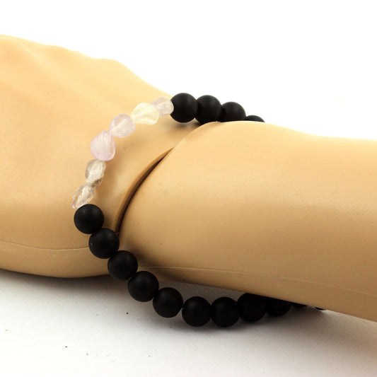 Quartz Améthyste Rutile du Brésil + Perles Onyx noir mat. Bracelet en Perles naturelles