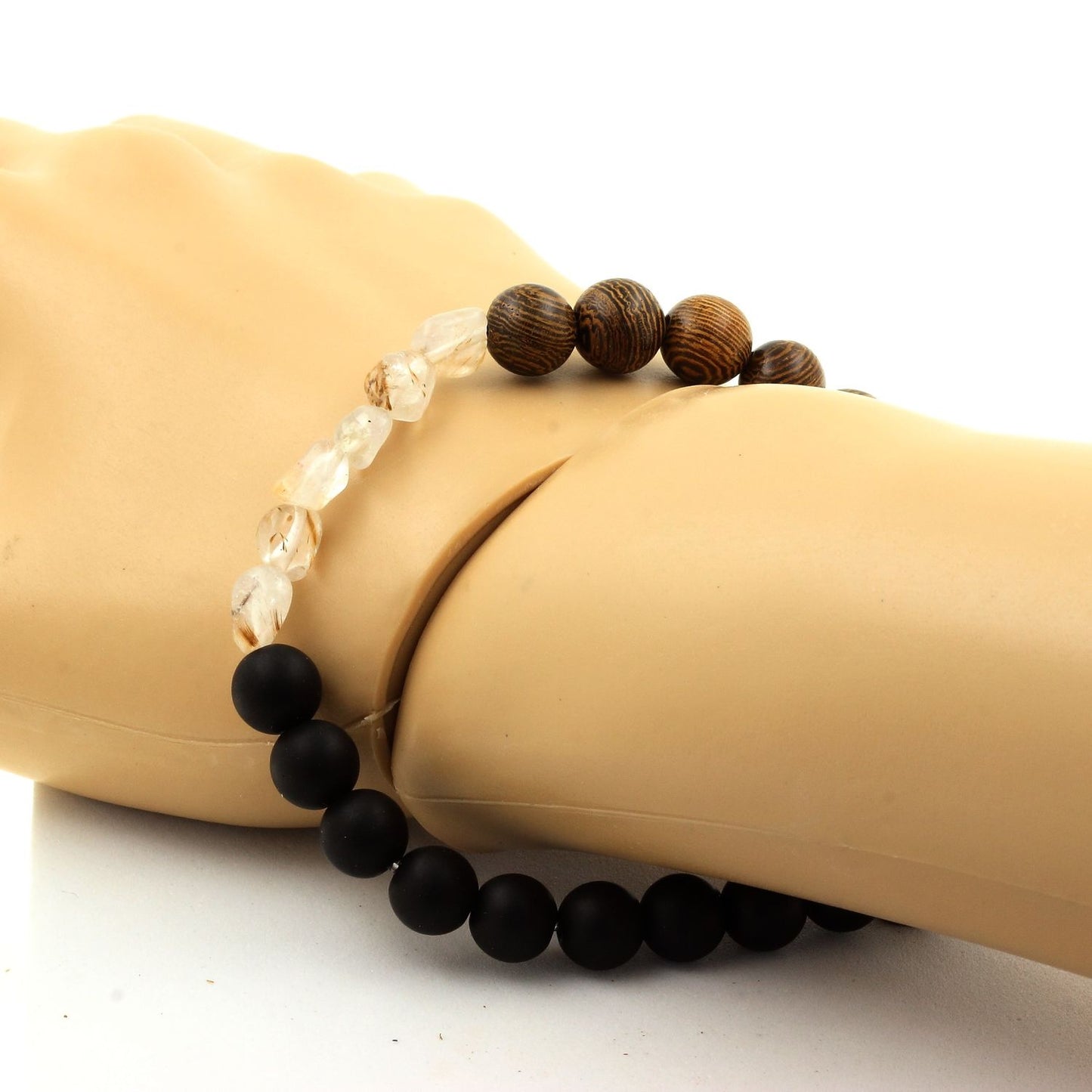 Quartz Améthyste Rutile du Brésil + Perles Onyx noir mat + bois. Bracelet en Perles naturelles