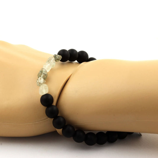 Quartz Tourmaline rutile du Brésil + Perles Onyx noir mat. Bracelet Perles