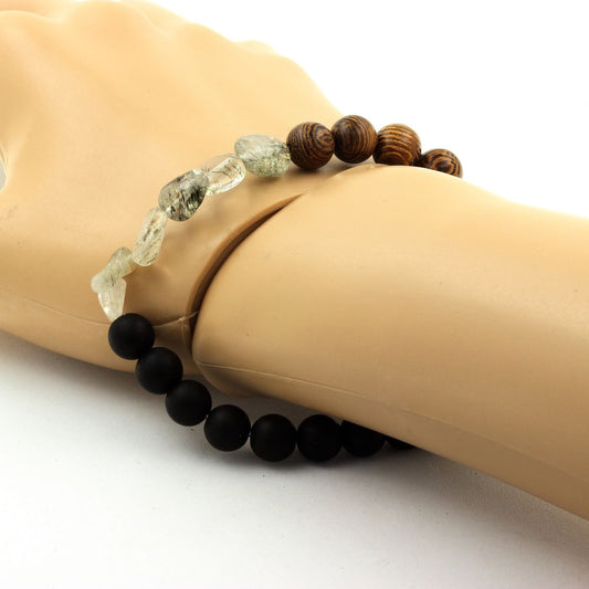 Quartz Tourmaline rutile du Brésil + Perles Onyx noir mat + bois. Bracelet Perles