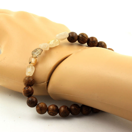 Quartz à Rutile doré du Brésil + Perles bois. Bracelet Perles