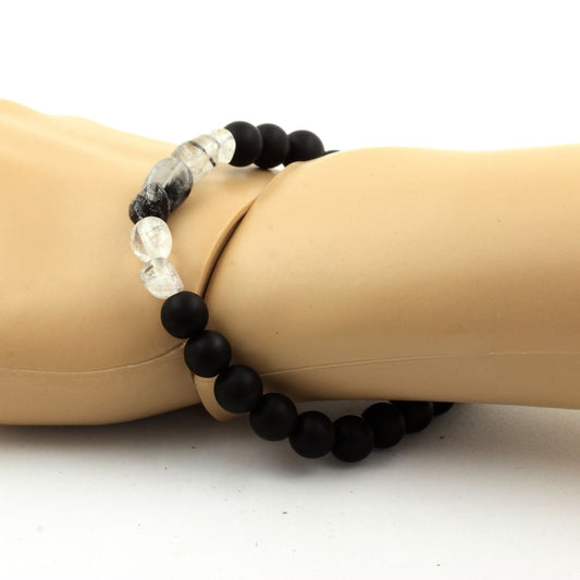 Quartz à inclusions de Tourmaline du Brésil + Perles Onyx noir mat. Bracelet Perles