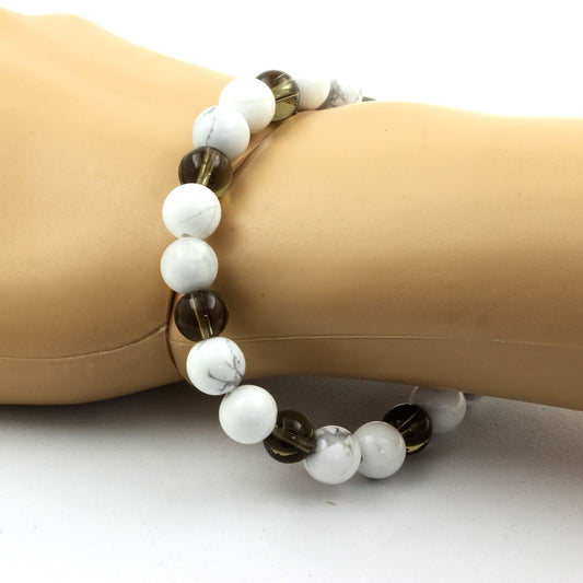 Quartz fumé + Howlite. Bracelet Perles naturelles