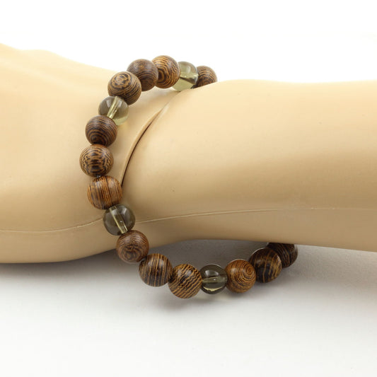 Quartz fumé + bois. Bracelet Perles naturelles