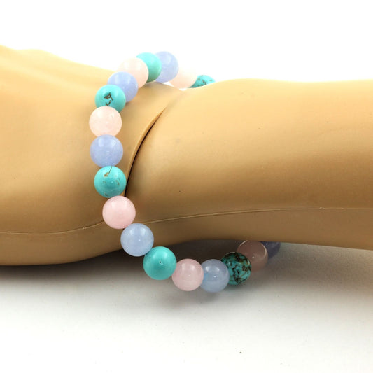 Quartz rose + Aigue-Marine + Turquoise. Bracelet Perles naturelles