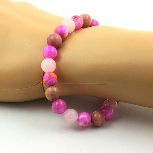 Quartz rose + Jaspe rose jaune + Rhodonite + Agate veines de Dragon Fuchsia. Bracelet en Perles naturelles