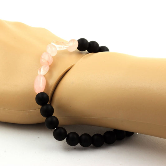 Quartz rose du Brésil + Perles Onyx noir mat. Bracelet Perles