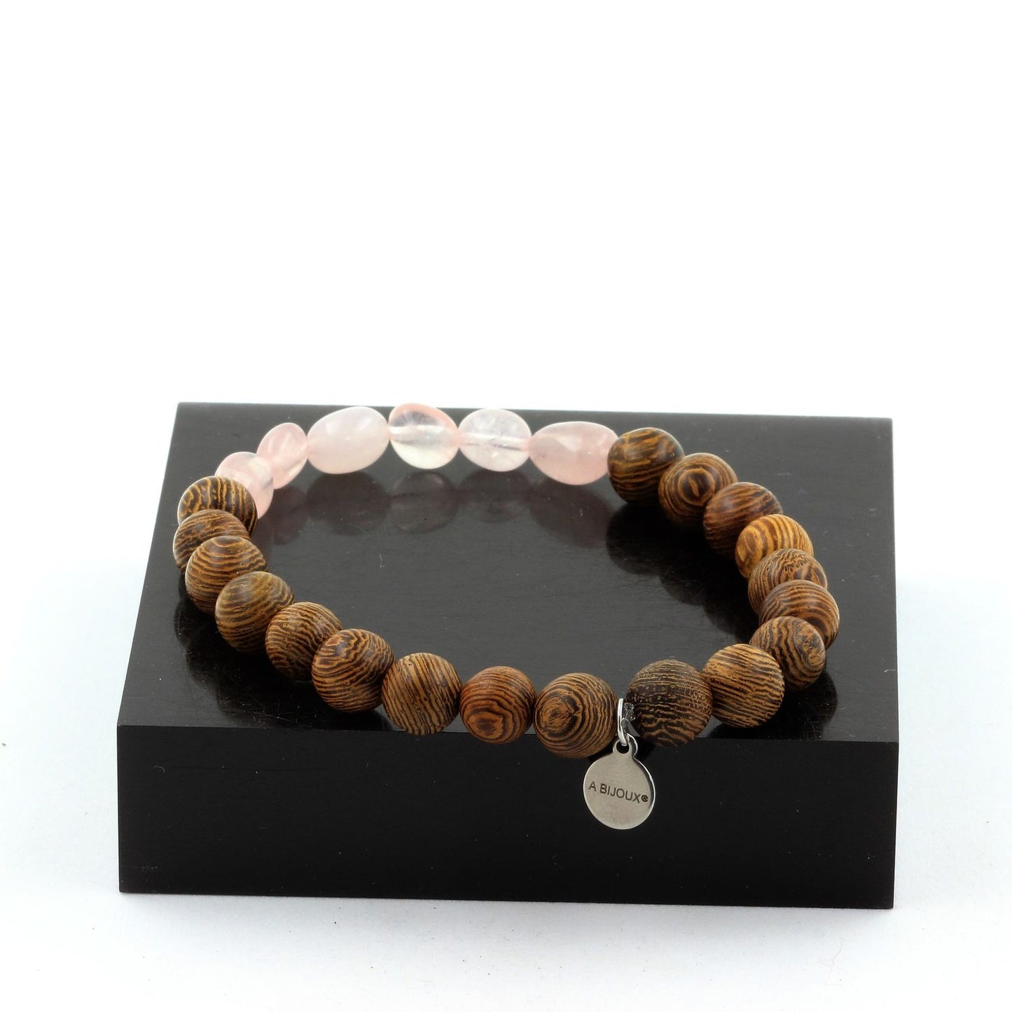 Quartz rose du Brésil + Perles bois. Bracelet en Perles naturelles