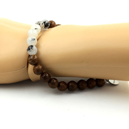 Quartz rutile noir + bois . Bracelet en Perles naturelles