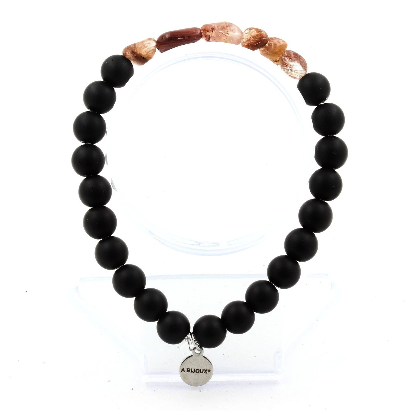 Quartz rutile rouge du Brésil + Perles Onyx noir mat. Bracelet en Perles naturelles