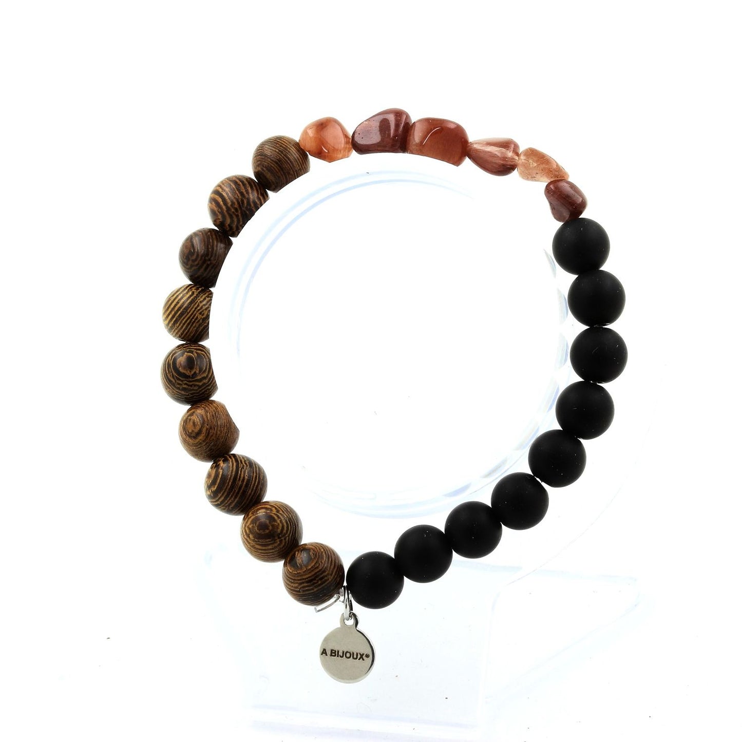 Quartz rutile rouge du Brésil + Perles Onyx noir mat + bois. Bracelet en Perles naturelles