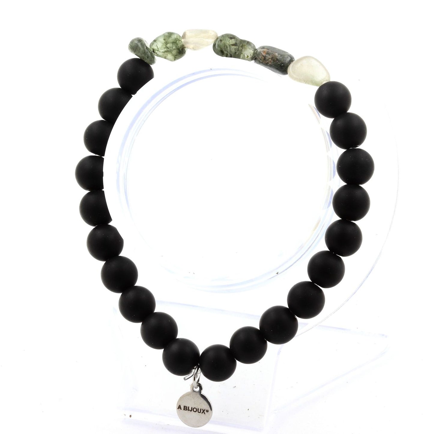 Quartz rutile vert du Brésil + Perles Onyx noir mat. Bracelet Perles