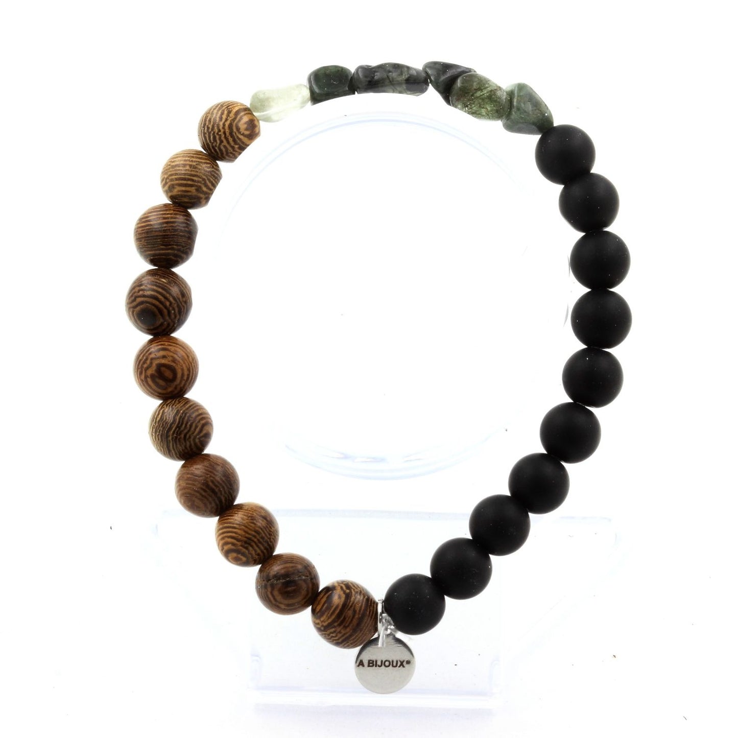 Quartz rutile vert du Brésil + Perles Onyx noir mat + bois. Bracelet Perles