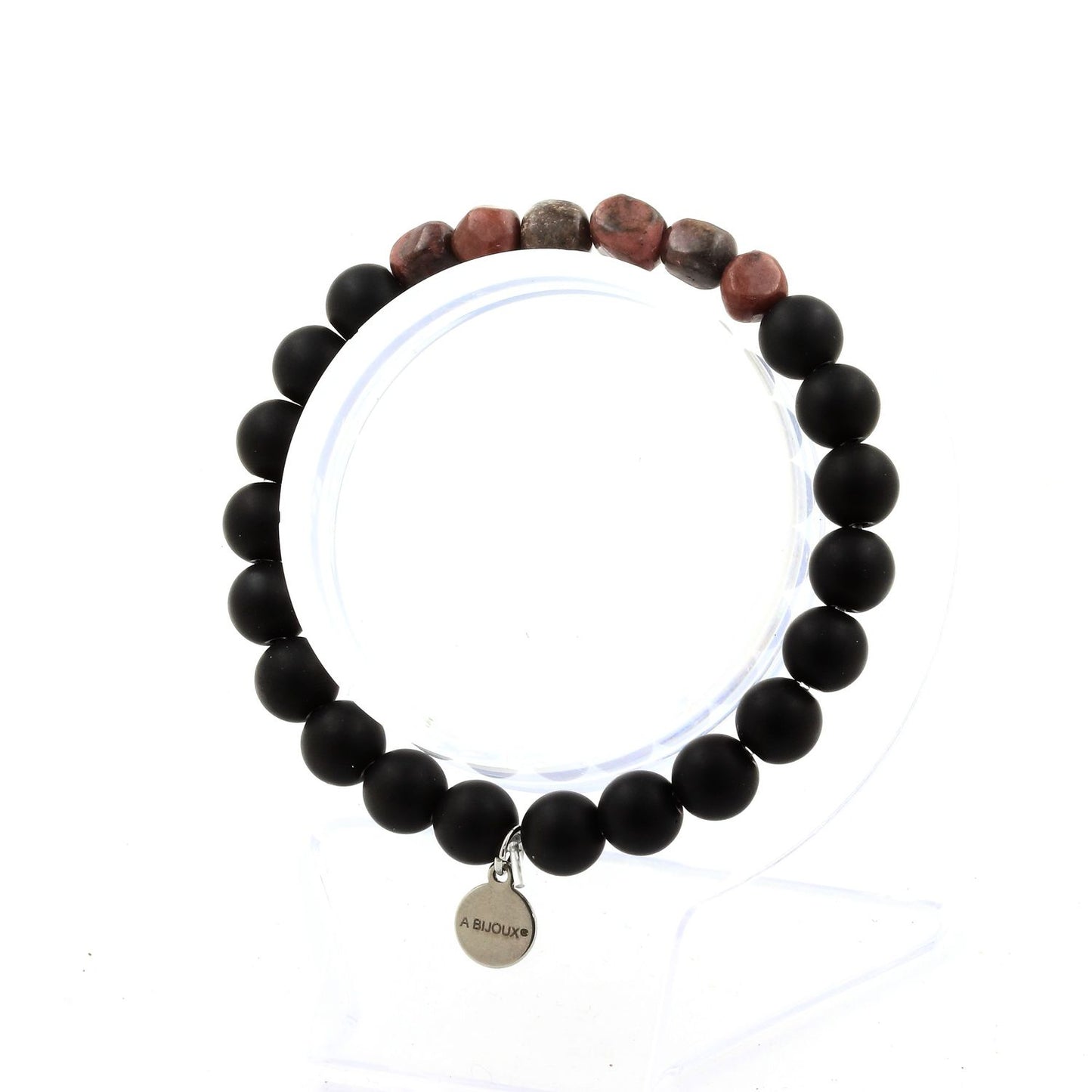 Rhodochrosite du Brésil + Perles Onyx noir mat. Bracelet en Perles naturelles