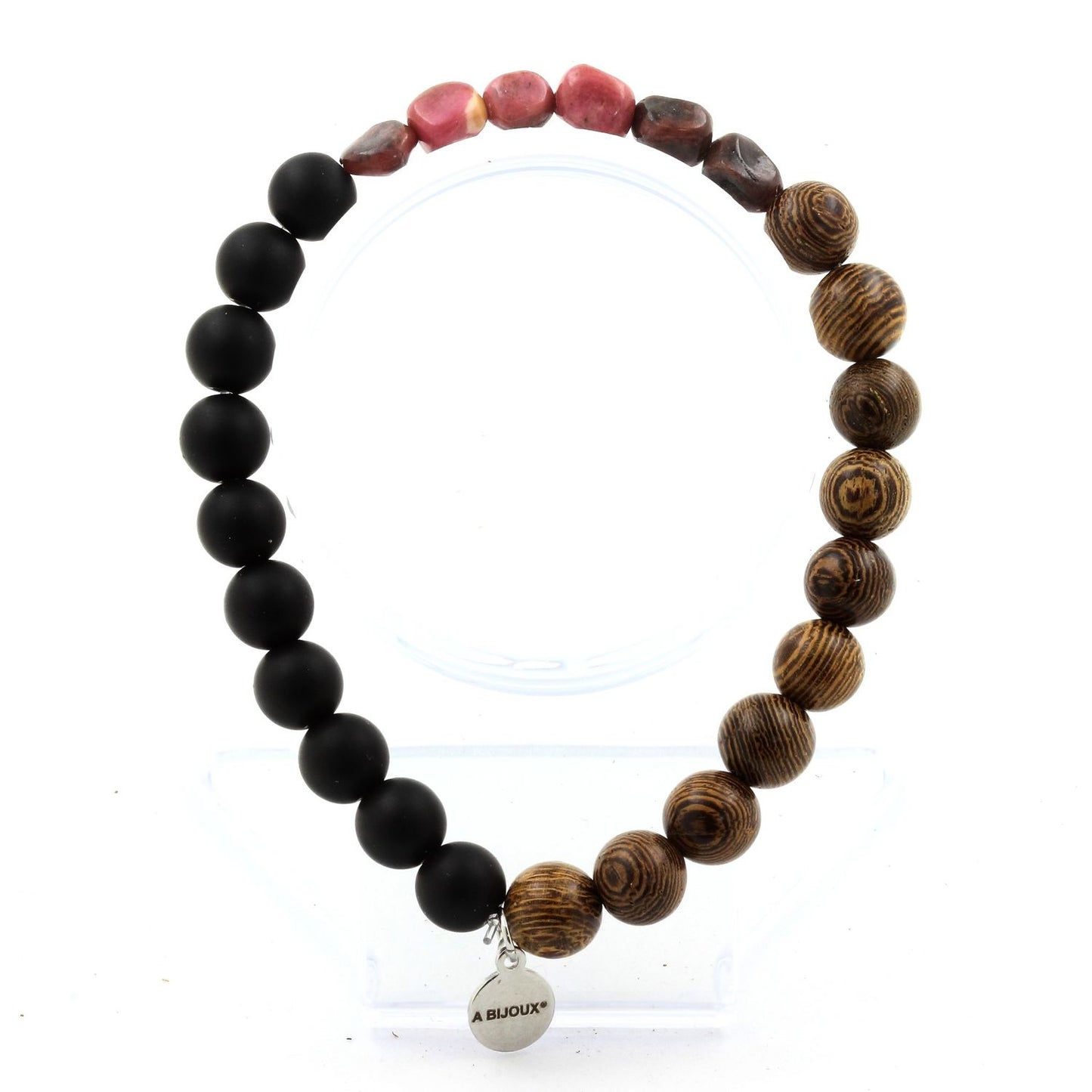 Rhodochrosite du Brésil + Perles Onyx noir mat + bois. Bracelet en Perles naturelles