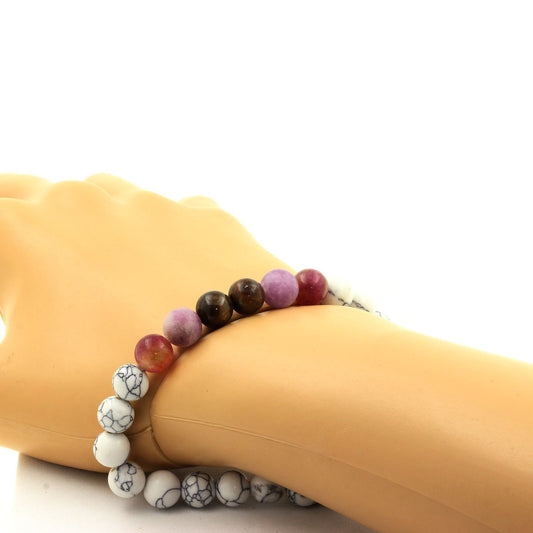 Rubis de Mogok, Birmanie, Myanmar + Mica violet mat + Tourmaline bicolore + Howlite. Bracelet Perles naturelles