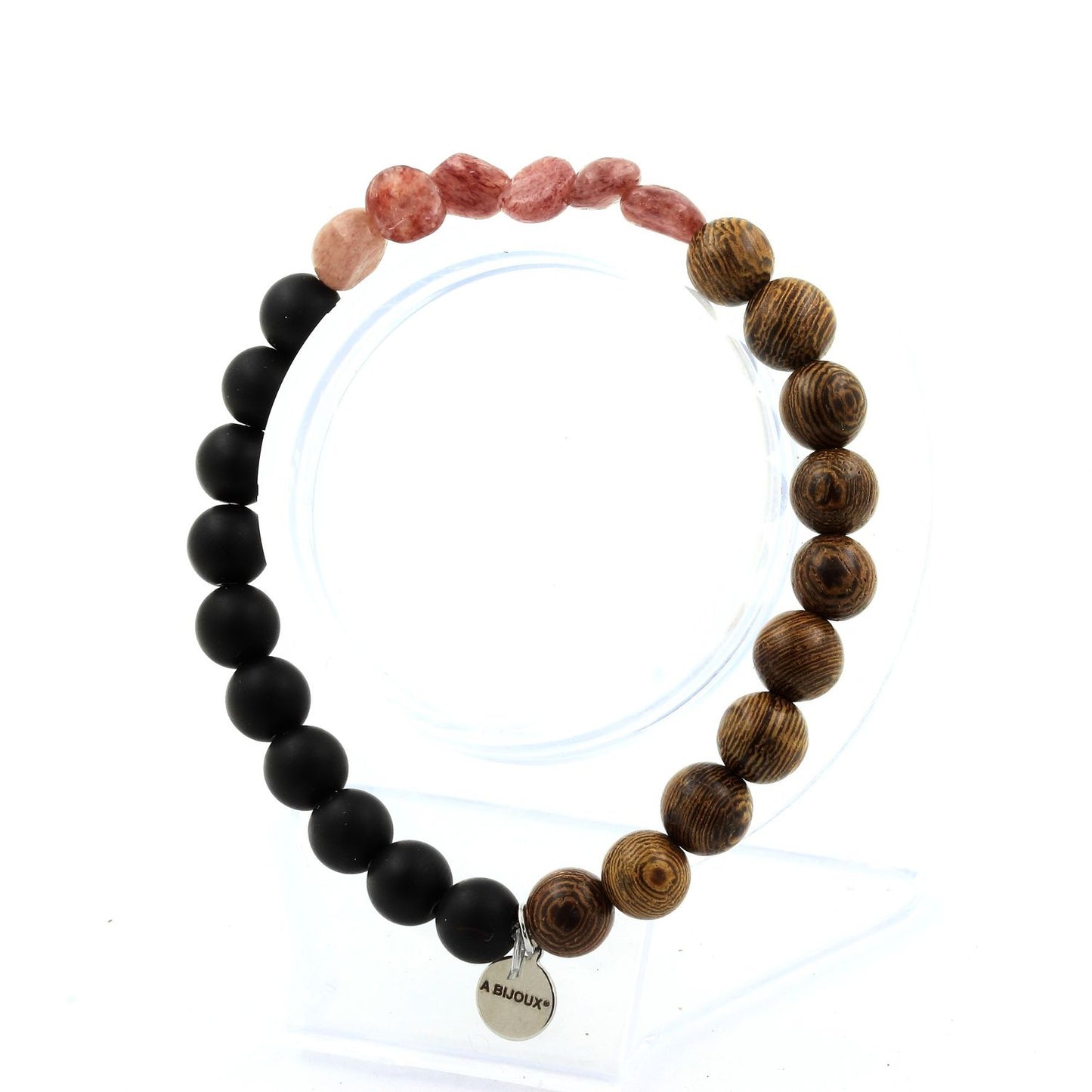 Rubis du Brésil + Perles Onyx noir mat + bois. Bracelet en Perles naturelles