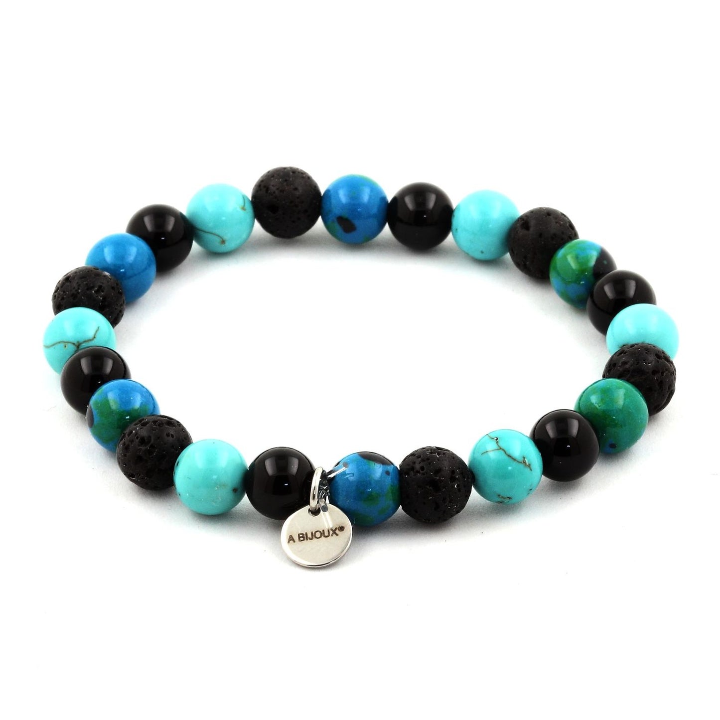 Chrysocolle + Agate noire + Turquoise + Lave. Bracelet en Perles naturelles
