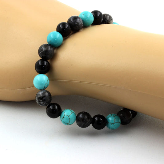 Labradorite + Agate noire + Turquoise. Bracelet en Perles naturelles