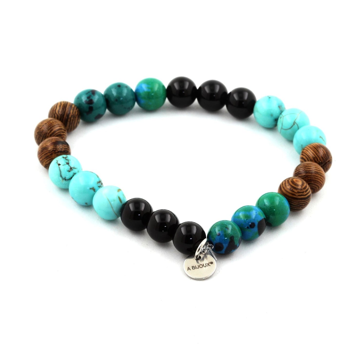 Chrysocolle + Turquoise + Agate noire + bois. Bracelet en Perles naturelles