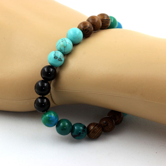 Chrysocolle + Turquoise + Agate noire + bois. Bracelet en Perles naturelles