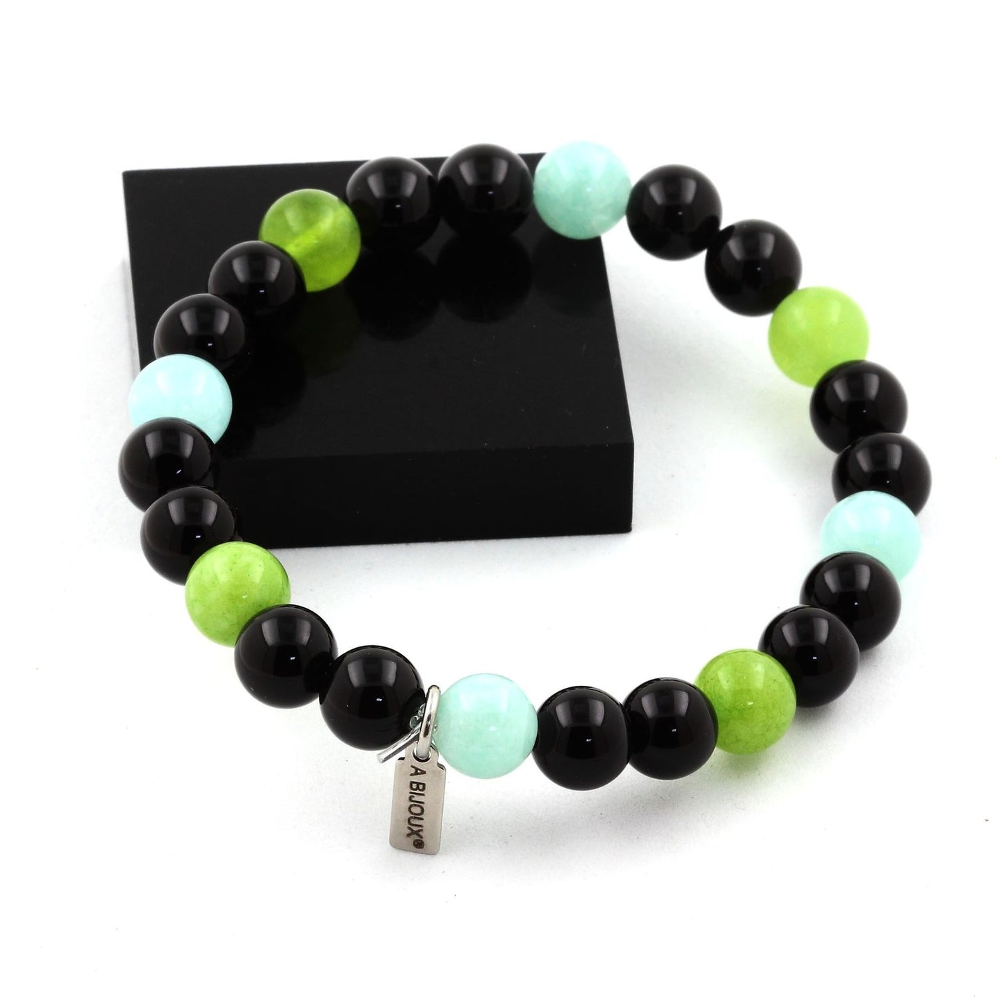 Angélite + Péridot + Agate noire. Bracelet en Perles naturelles