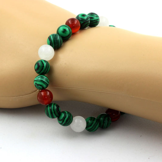 Malachite (avec résine) + Agate Rouge + Pierre de lune. Bracelet en Perles naturelles
