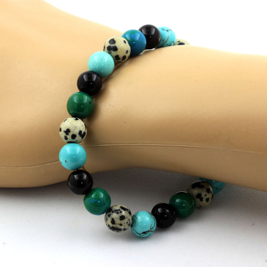 Jaspe Dalmatien + Turquoise + Chrysocolle + Agate noire. Bracelet en Perles naturelles
