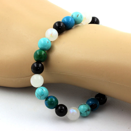 Chrysocolle + Turquoise + Pierre de lune + Agate noire. Bracelet en Perles naturelles