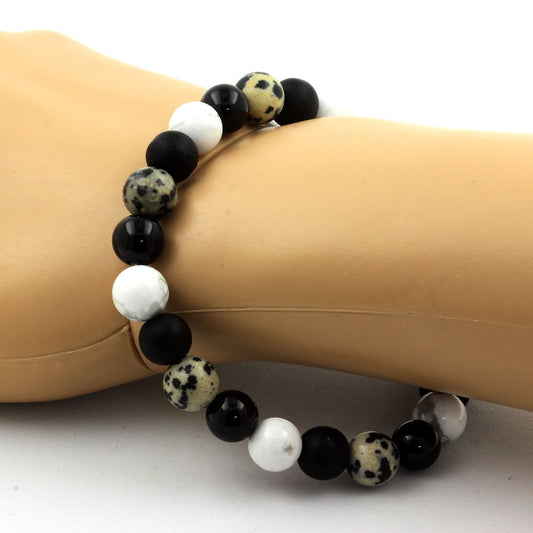 Howlite + Jaspe Dalmatien + Onyx noir mat + Agate noire. Bracelet en Perles naturelles