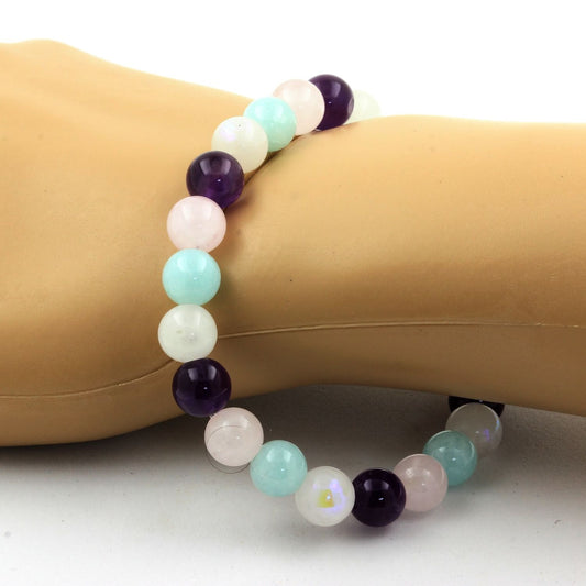 Pierre de lune + Angélite + Améthyste + Quartz rose. Bracelet en Perles naturelles