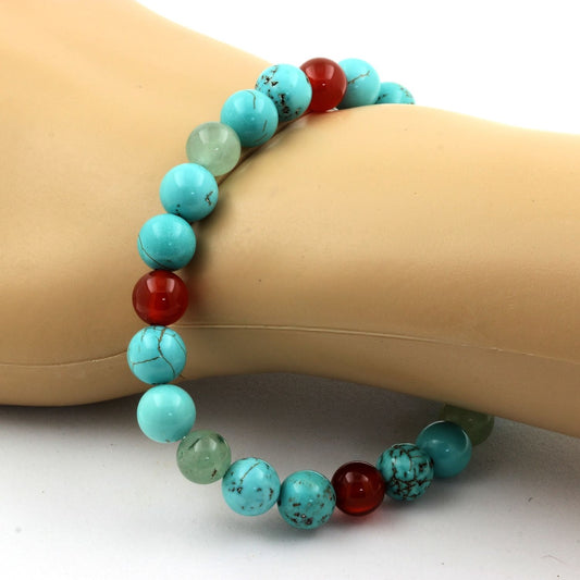 Aventurine + Turquoise + Agate Rouge. Bracelet en Perles naturelles