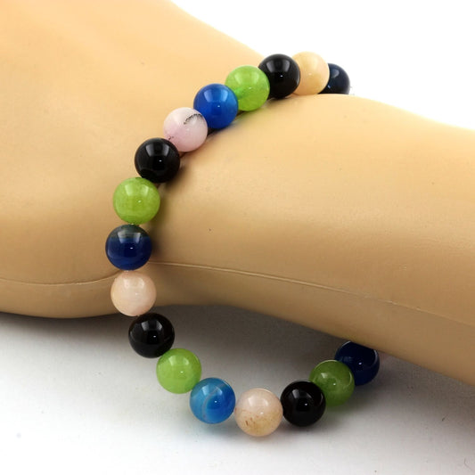Opale Rose + Agate rubanée bleu + Péridot + Agate noire. Bracelet en Perles naturelles