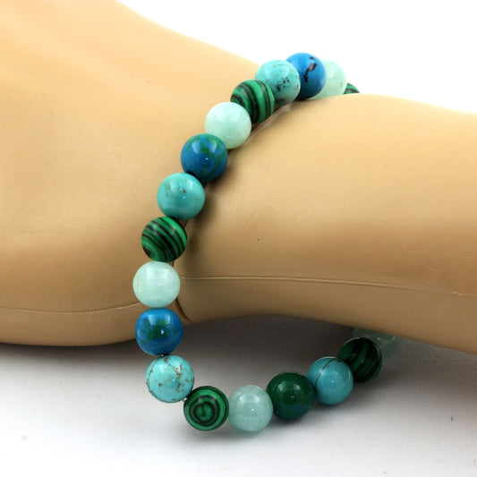 Angélite + Malachite (avec résine) + Turquoise + Chrysocolle. Bracelet en Perles naturelles