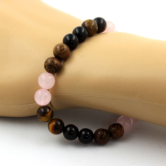 Quartz rose + Oeil de Tigre + Agate noire + bois. Bracelet en Perles naturelles