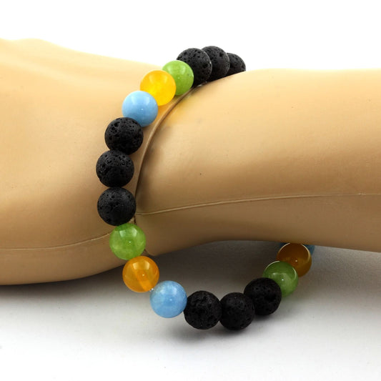 Péridot + Agate jaune + Calcédoine bleu + Lave. Bracelet en Perles naturelles
