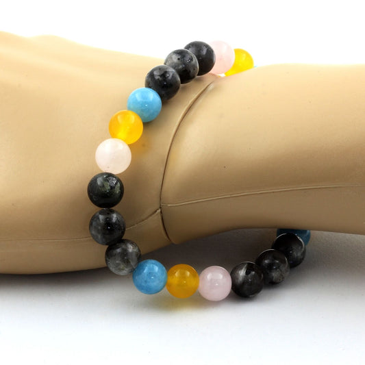 Labradorite + Agate jaune + Calcédoine bleu + Quartz rose. Bracelet en Perles naturelles