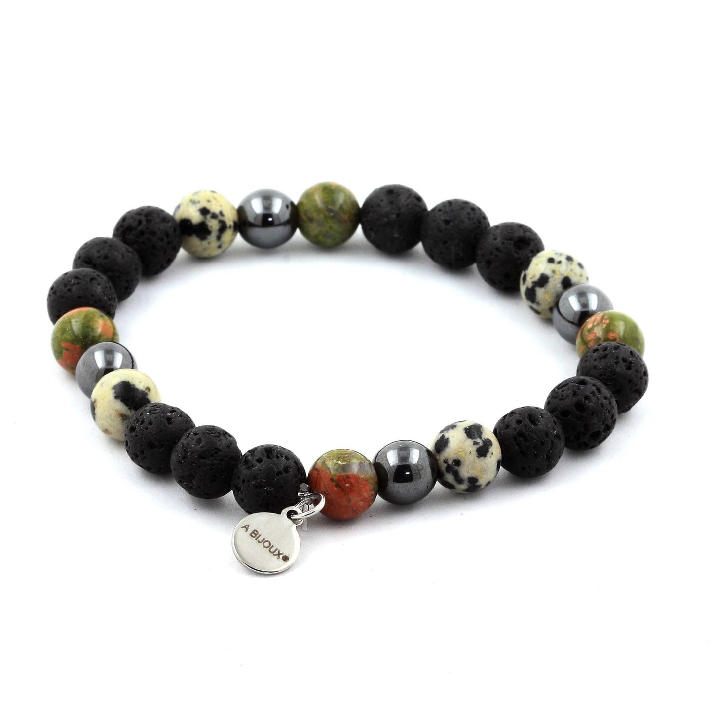 Jaspe Dalmatien + Unakite + Hématite + Lave. Bracelet en Perles naturelles