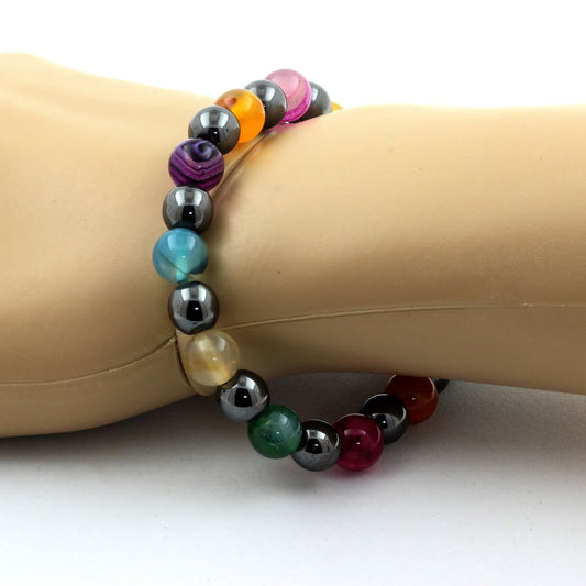 Agate rubanée multicolore + Hématite. Bracelet en Perles naturelles