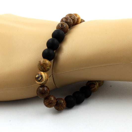 Jaspe Paysage + Onyx noir mat + bois. Bracelet en Perles naturelles