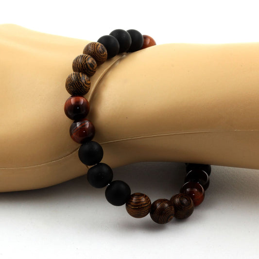 Oeil de Tigre rouge + Onyx noir mat + bois. Bracelet en Perles naturelles