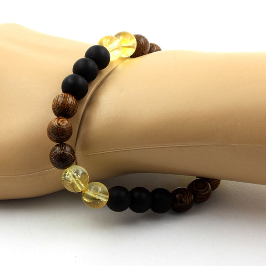 Citrine + Onyx noir mat + bois. Bracelet en Perles naturelles